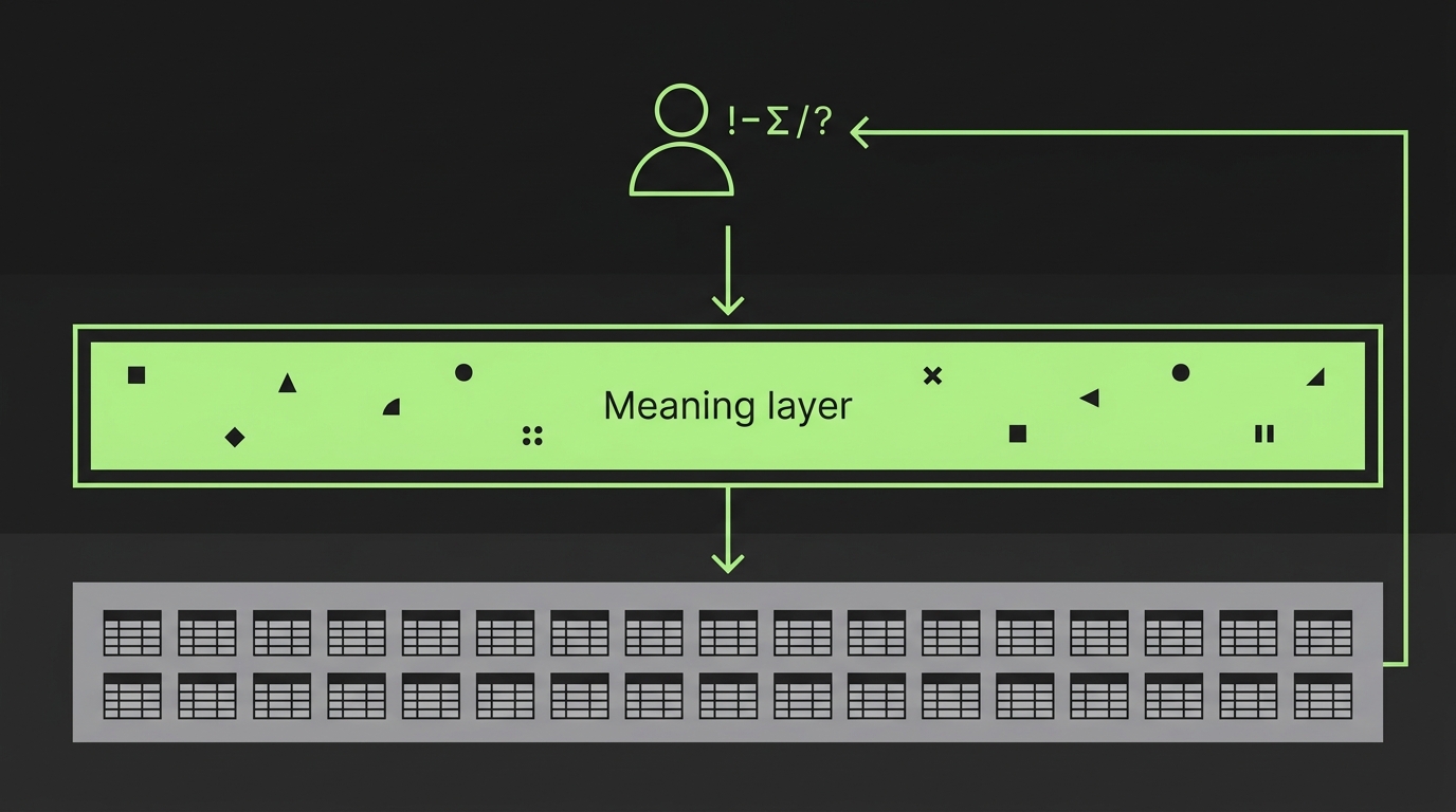 Drei-Ebenen-Diagramm: oben Mensch und Modell, unten rohe Tabellen, dazwischen die Bedeutungsschicht als tragendes Band